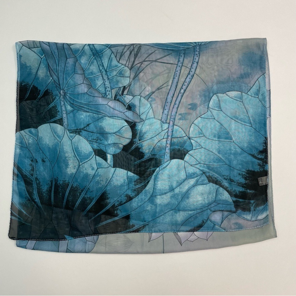 Blue Lotus Leaf Floral Print Sheer Lightweight Rectangular Scarf Wrap 18x58 - Picture 2 of 5